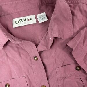 Orvis 100% Silk Button Up Shirt Womens‎ Medium Pink Short Sleeve Pockets Blouse